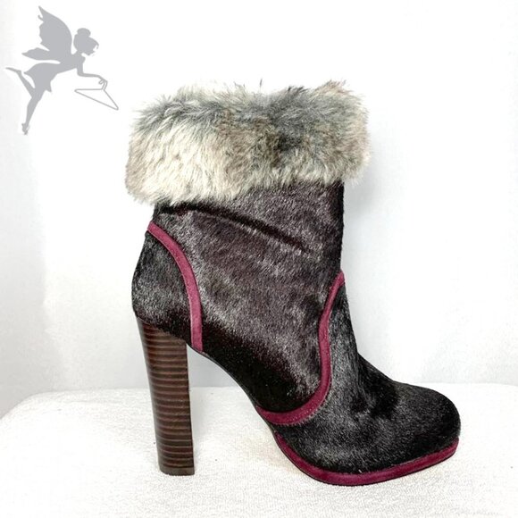 JUNE BY JUNE AMBROSE Oxblood pony hair platform booties with faux fur trim - Picture 1 of 9